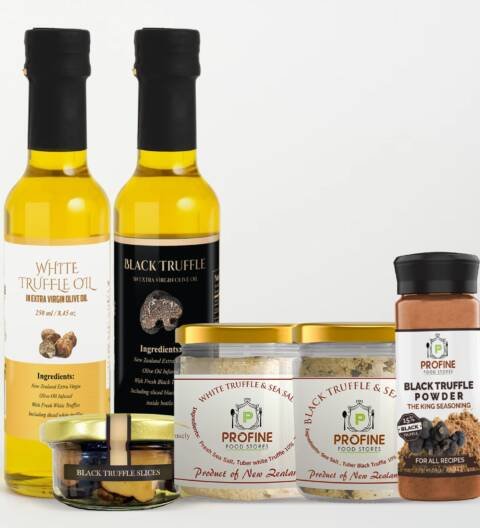 Food Billion Bundle as Black Truffle Oil 250 cc - White truffle Oil 250 cc - Black Truffle salt , white Truffle salt , Black Truffle Powder all glass , Black Truffle Slice 50 gr