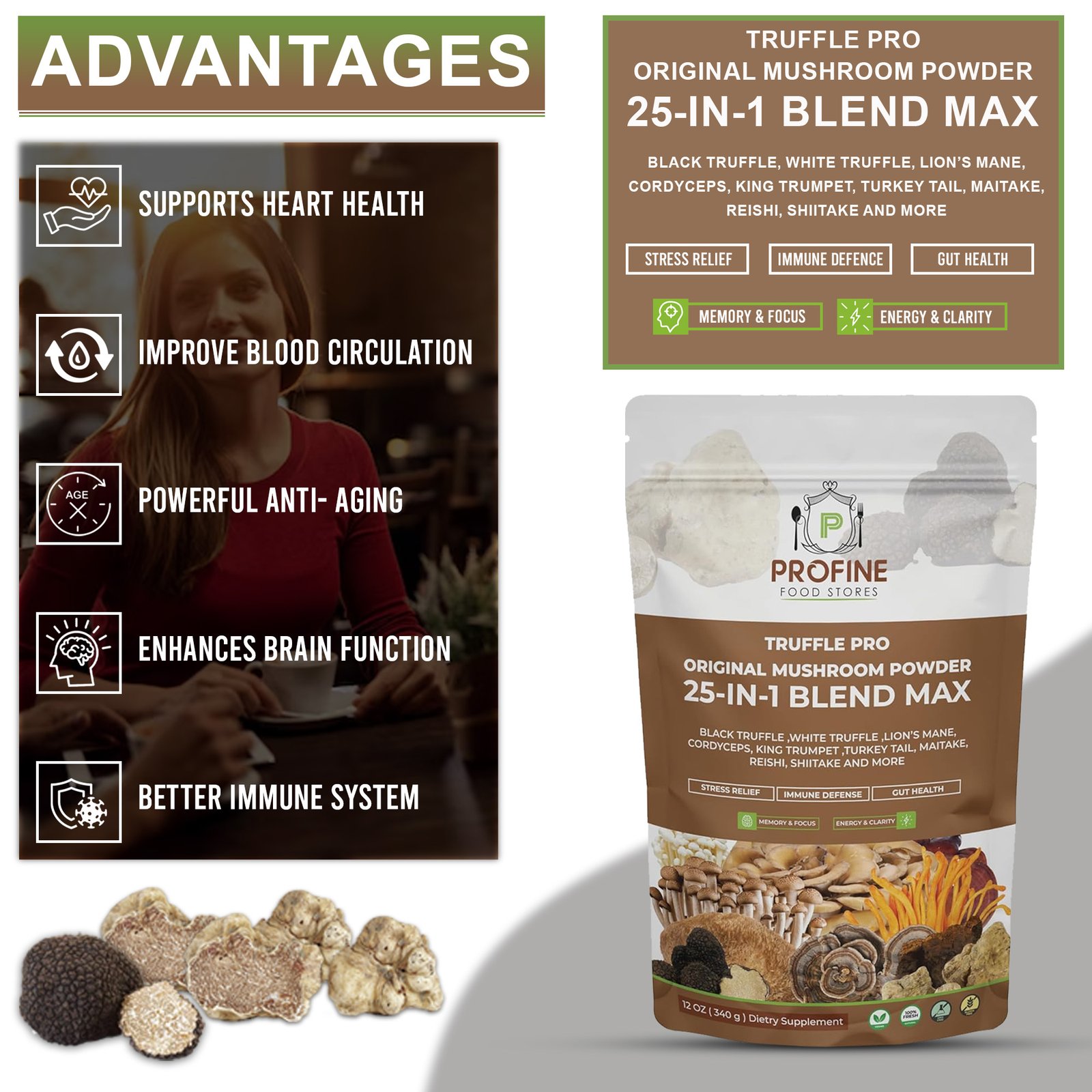 Truffle PRO Mushroom Powder Mix 25- in - 1 Super Blend 5000 mg, with Black Truffle and White Truffle - 340 gr Pack - Image 3