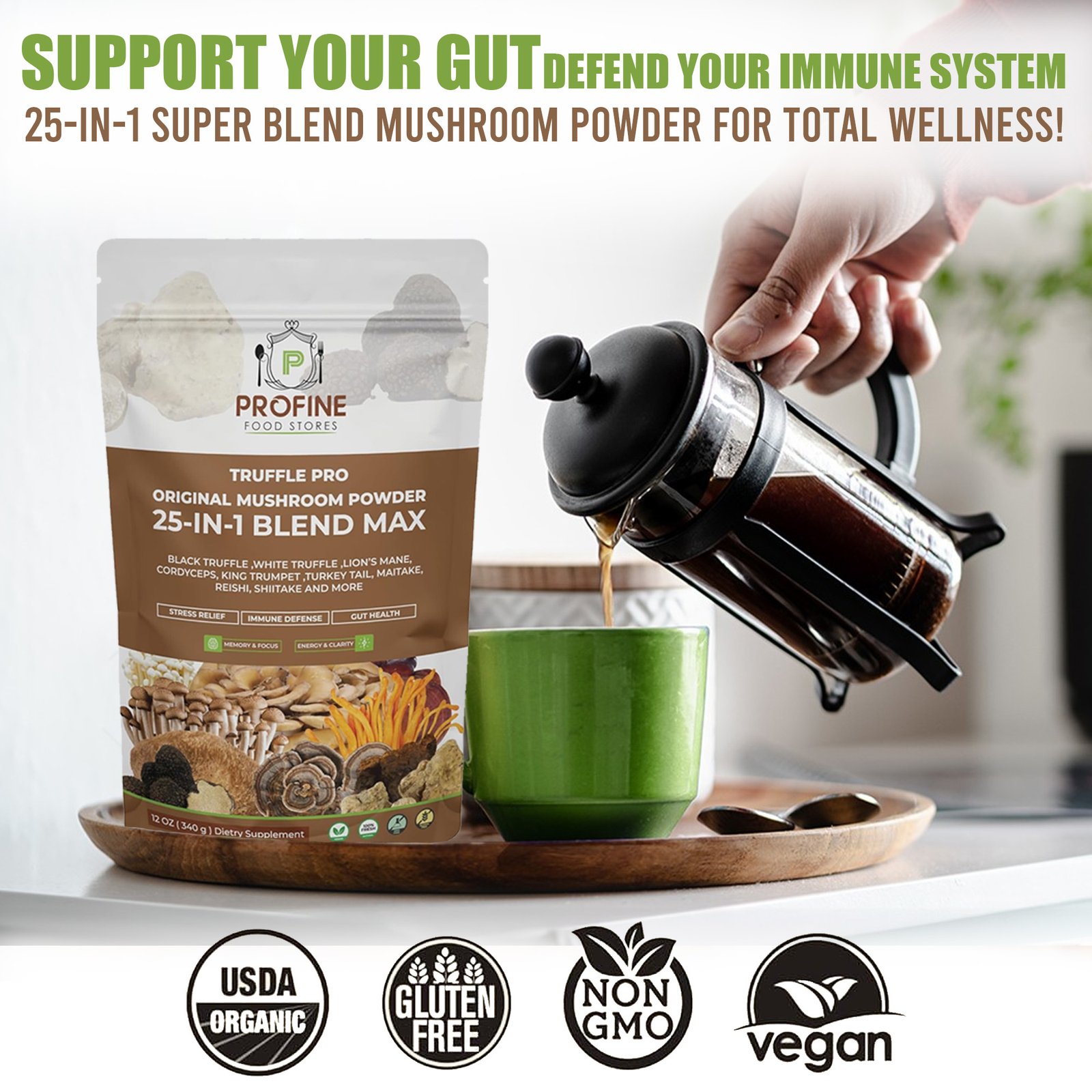 Truffle PRO Mushroom Powder Mix 25- in - 1 Super Blend 5000 mg, with Black Truffle and White Truffle - 340 gr Pack - Image 4